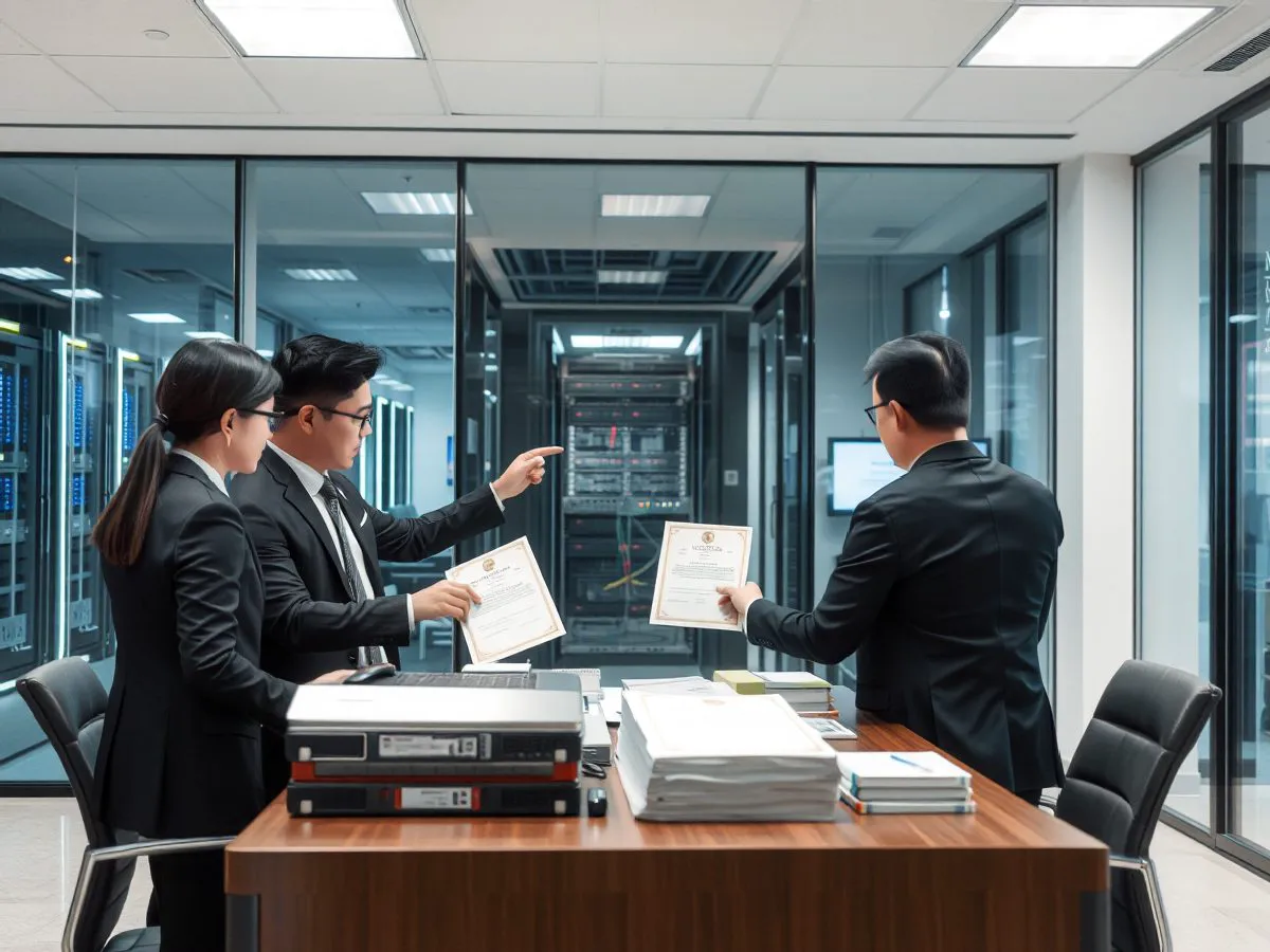 帝智技术团队在办公室查看信息安全管理体系认证证书