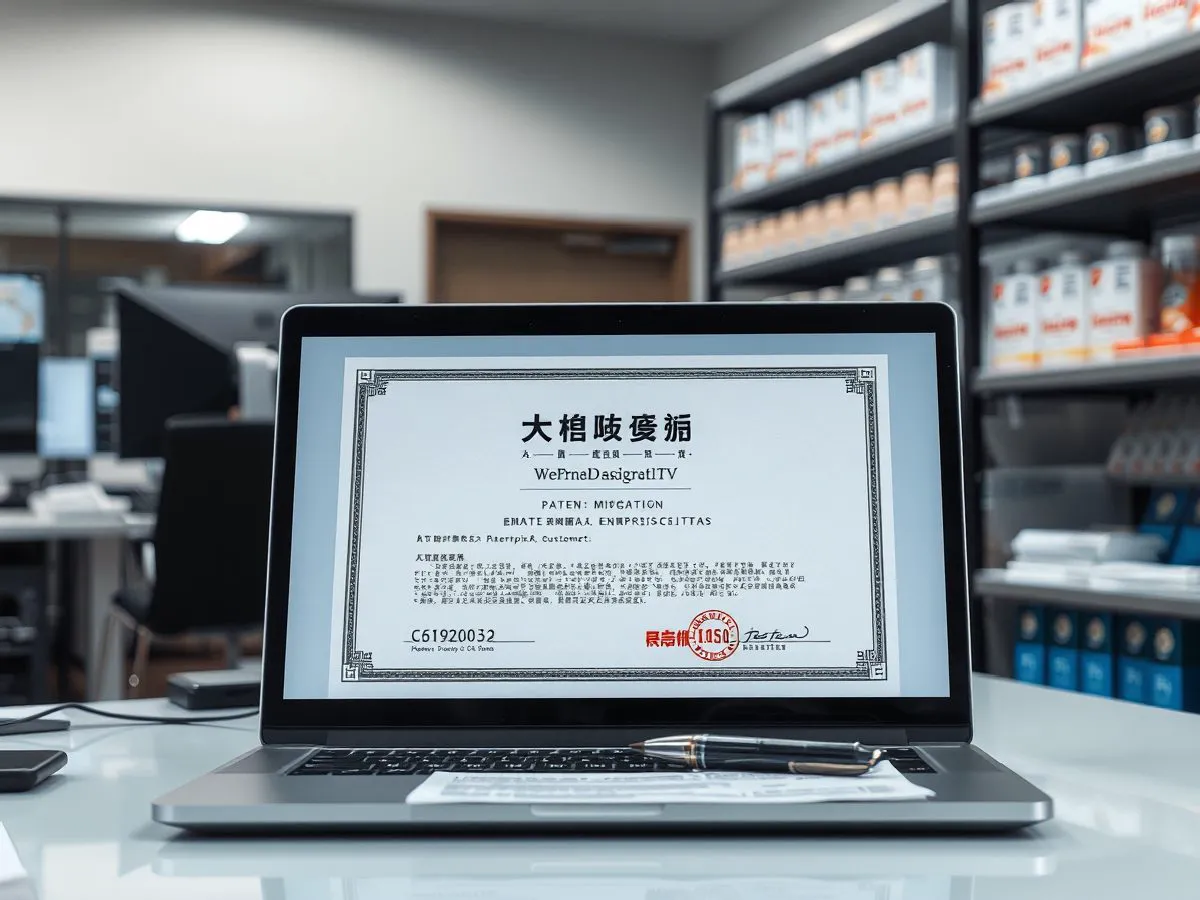 帝智邮箱迁移工具专利证书展示在办公桌上，背景为电脑屏幕显示迁移界面